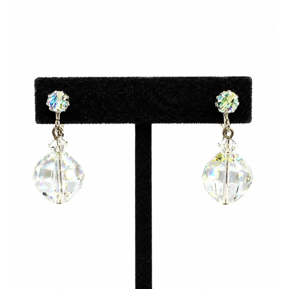 Vintage Laguna Earrings Aurora Borealis Crystal Clip AB Dangle Silver Tone Mcm